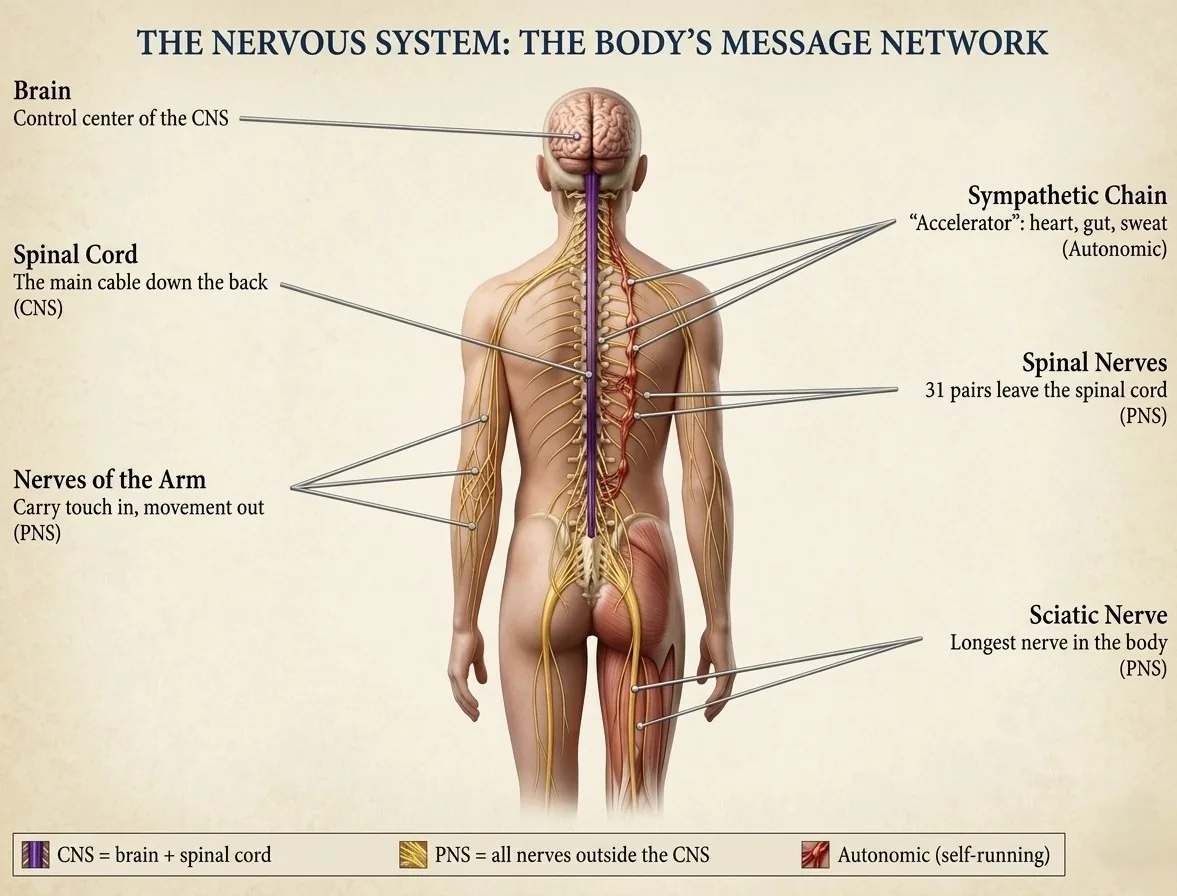 Figure 3.3 How the nervous system is organised. (Illustration created with AI tools.)
