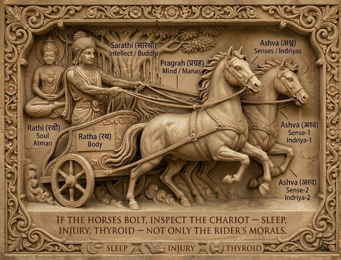 Figure 3.5 The chariot of the Kaṭha Upaniṣad: the self rides, the body is the chariot, the intellect drives, the mind is the reins and the senses are the horses. (Illustration created with AI tools.)