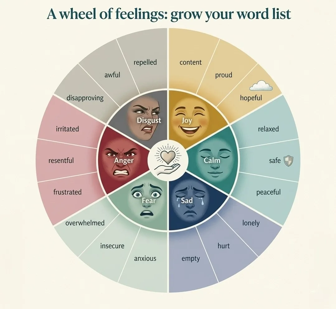 Figure 5.1 A wheel of feelings: a bigger word list makes feelings easier to manage. (Illustration created with AI tools.)