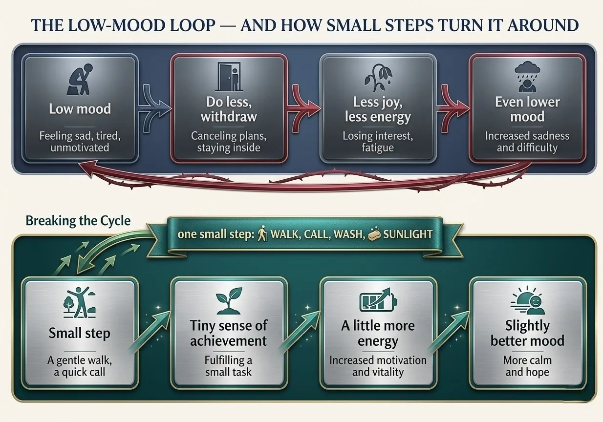 Figure 9.1 The low-mood loop, and how small steps turn it around. (Illustration created with AI tools.)