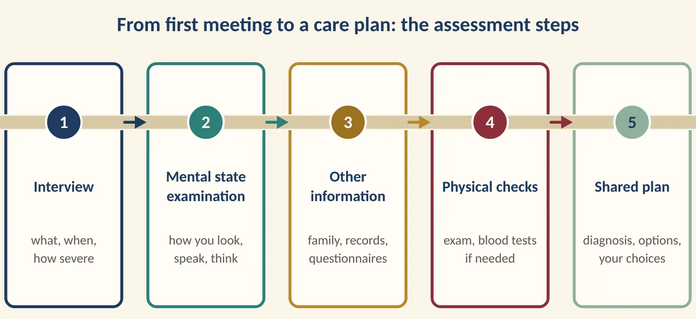 Figure 33.1 The steps of an assessment, from first meeting to a shared plan. (Illustration created with AI tools.)